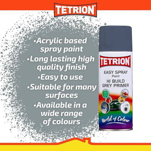 Image of Tetrion Easy Spray Paint Primer - Hi-Build Gray Primer 400ml - Acrylic Spray Paint for Wood, Metal, Plastic, Ceramic & More - Smooth Base Coat for Paint | Indoor & Outdoor Use, 13.5 Oz
