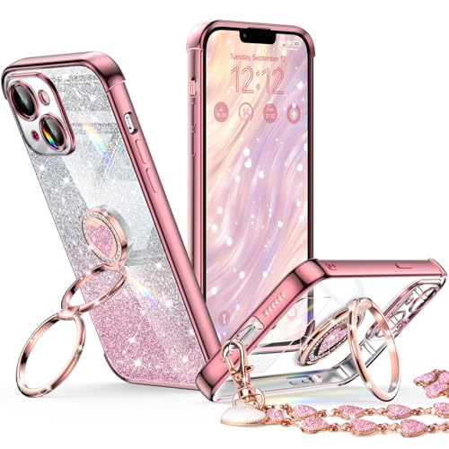 Image of XYZ for iPhone 14 Back Cover Case with Stand, Phone Case with Double Ring Kickstand, Women Girls Bling Luxury Glitter Clear Phone Case Cover Heart for iPhone 14, Rose Gold