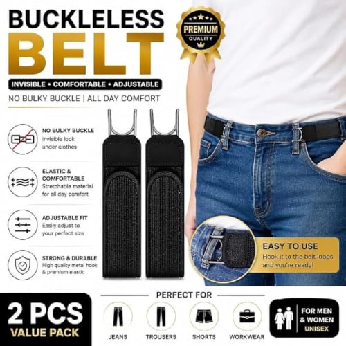 Image of Buckle Less Belt for Men, 2 Pcs Adjustable Elastic Belt Without Buckle with Metal Hook, Comfortable Stretch Waist Belt for Jeans, Trousers & Casual Wear, Suitable for Seniors, Office