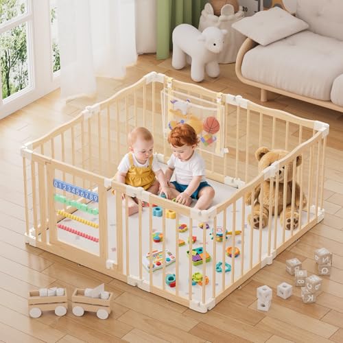 Image of Atoping Wooden Baby Playpen 50 × 50 Inches, Foldable Playpen Fence with Cute Digital Blocks & Storage Bag, Wooden Baby Gate, Multi-Shape Play Yard for Babies and Toddlers Indoor Outdoor