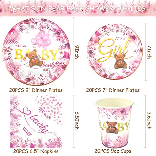 Image of Pink Bear Baby Girls Shower Decorations Plates Napkins Cups Set - We Can Bearly Wait Baby Shower Supplies for 20 Guests Its A Girl Pink Baby Shower Plates for Girls Teddy Bear Baby Shower Party