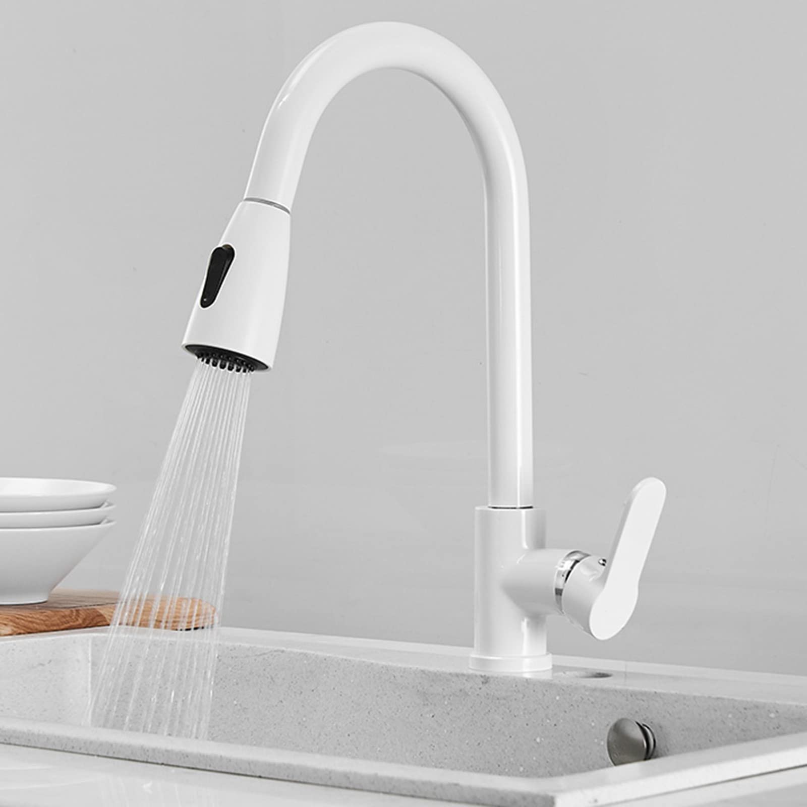Kitchen Taps with Pull Out Spray, Sink Tap White Swivel Telescopic Multifunction Faucet-B