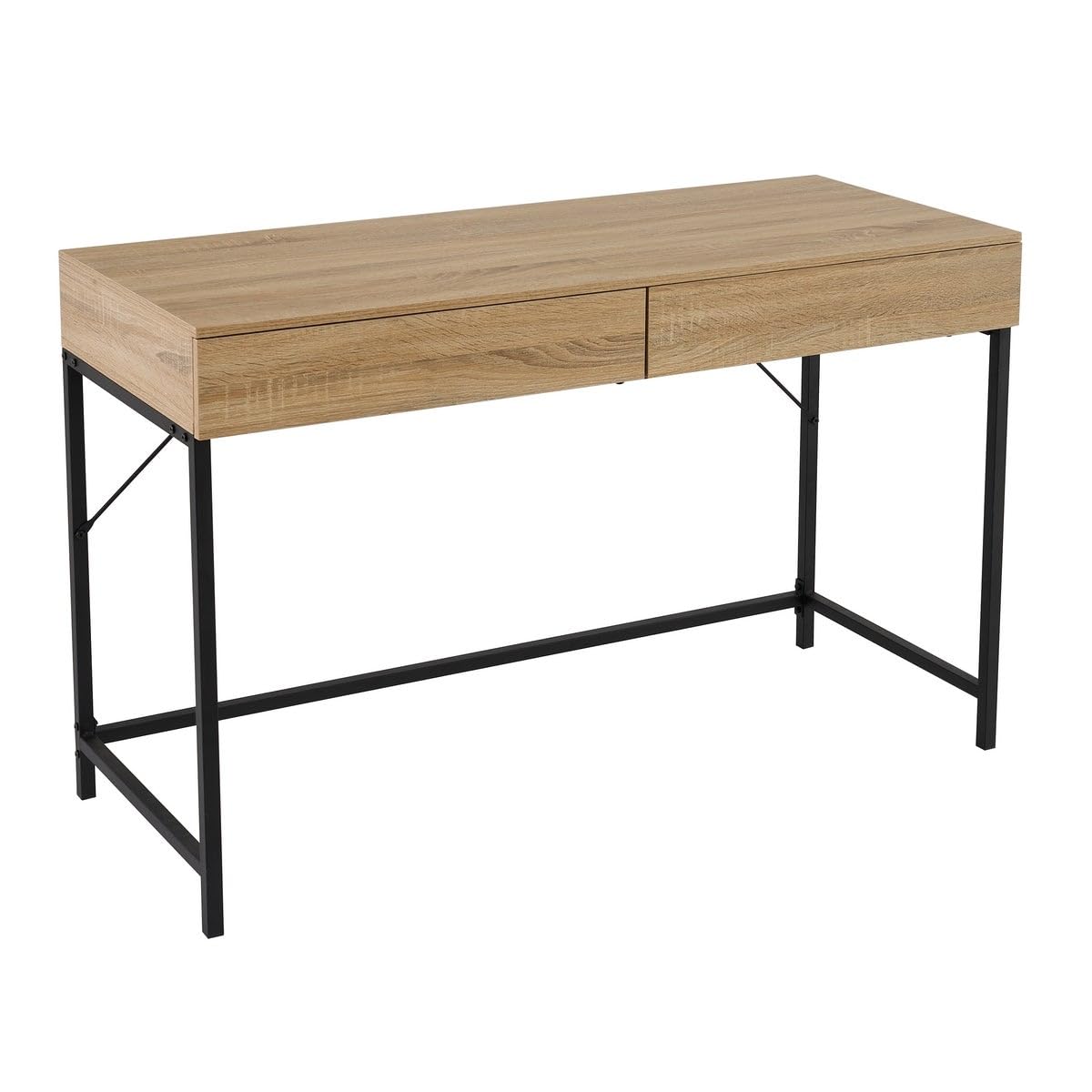 Escritorio Urban de metal negro tablero color roble y 2 cajones 116x48x76cm | Cajones de corredera suave. Crea una zona de estudio o teletrabajo cómoda y organiza tu material de oficina diario.