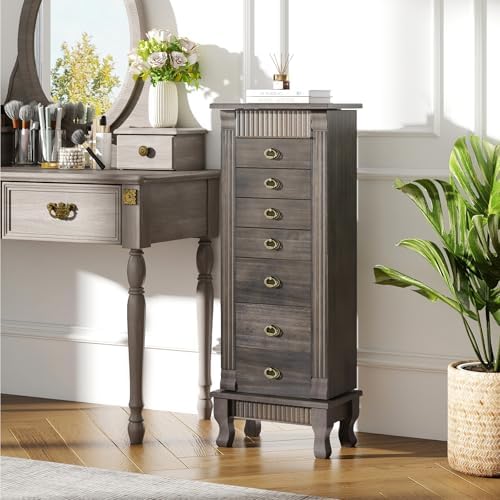DREAMADE Jewelry Armoire, Standing Jewelry Box w/Mirror & 7 Drawers, Grey — view 7