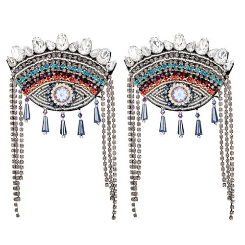 Image of SUPERFINDINGS 2Pcs Evil Eye Shoulder Epaulet with Tassel Detachable Ethnic Style Tassel Epaulette Pin Badge Shoulder Insignia with Felt Rhinestone for Man Woman Leather Jacket Windbreaker Coat