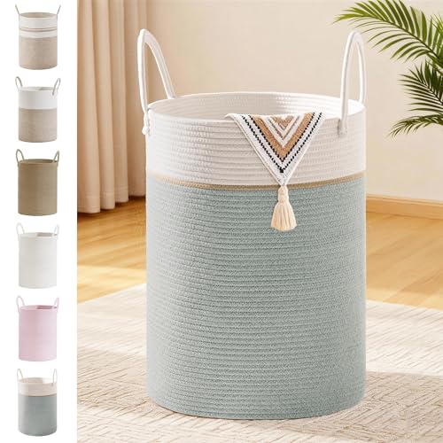 Image of 72L Large Tall Cotton Rope Laundry Basket with Handles, Sage Green