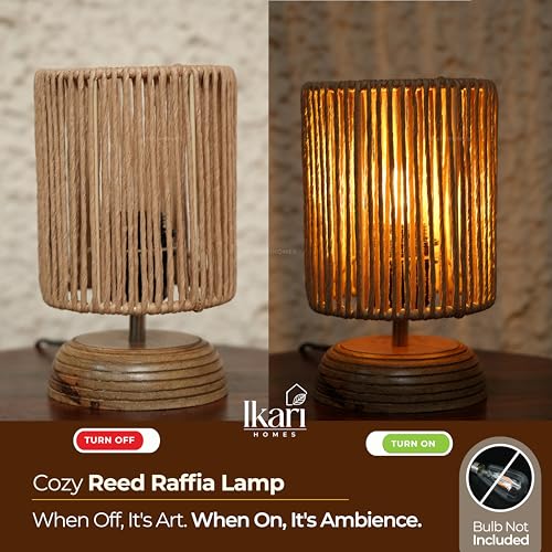 Image of Ikari Homes Boho Reed Table Lamp I Night Lamp for Bedroom Bedside & Center Table Lamp I Warm Ambient Cozy Lamp I Rattan Lamp I Size 21.5 x 12.7 cm - (Bulb Not Included)