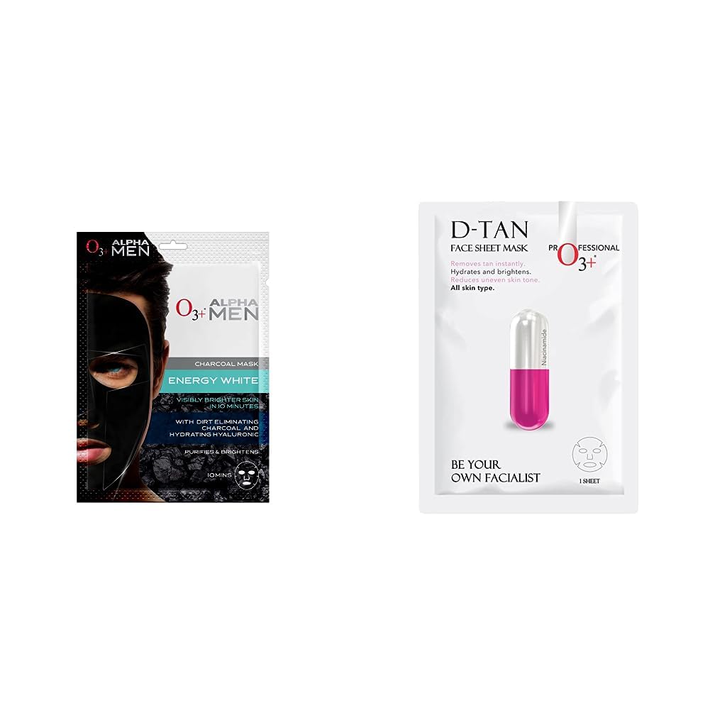 O3+ ALPHA MEN Energy White Charcoal Face Sheet Mask 30g with Charcoal & Hydrating Hyaluronic to Purify & Brighten Skin & O3+ Facialist Dtan Face Sheet Mask (30g) Combo-image-14