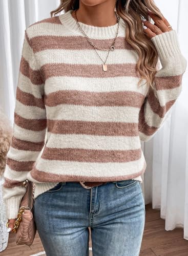 Image of Dokotoo Sweaters for Women 2026 Crewneck Striped Cute Color Block Fall Winter Knitted Pullover Tops