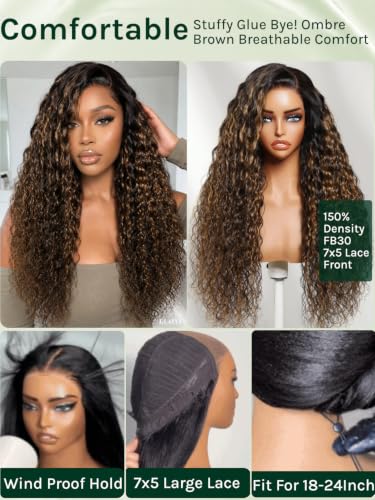 Image of KLAIYI Bye Bye Slip Ombre Highlight Balayage Brown Water Wave Glueless Precut 7x5Lace Front Wigs Human Hair Drawstring Pre Plucked Bleached Knots Dark Roots Curly 3S Ready to Wear and Go Wig 20Inch