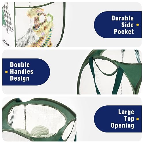 TECHMILLY Collapsible Mesh Pop Up Laundry Hamper with Sturdy Handles and Side Pocket - Portable Foldable Clothes Baskets for Dorm, Bathroom & Travel Storage (Christmas Tree)