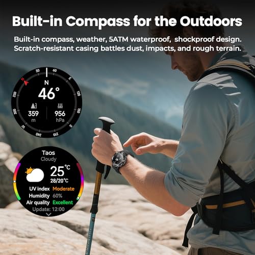 Image of WalkerFit Outdoor Smart Watch for Men, 1.43 inch AMOLED Black Silicone Band, 5ATM Waterproof for Hiking Climbing Trail Run Swim, 170+ Sports, Compass Heart Rate SpO2, Adventure Watch for iPhone Android