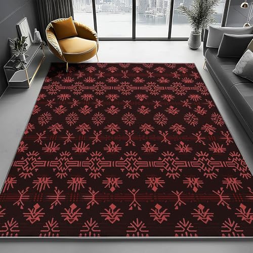 Alfombra para Sala de Estar, Dormitorio, Comedor, Oficina, Entrada Flores Tradicionales Geometría Estampado de Pelo Corto, Suave, Ligero, Antideslizante y Duradero 60 x 110 cm, Rojo Oscuro