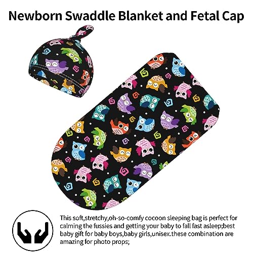Image of Cartoon Owl Newborn Swaddle Blanket with Hat Sets Newborn Receiving Blanket for Boy Girl Swaddle Sack Shower Infant Gift