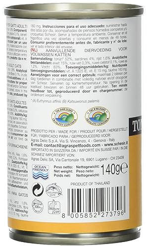 Schesir, Nassfutter für Erwachsene Katzen mit Geschmack Thunfisch mit blauem Fisch, zubereitet in weichem Gelee, insgesamt 0,84 kg (6 Dosen à 140 g)