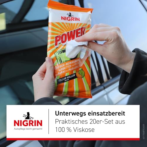 NIGRIN POWER Scheiben Reinigungstücher, für innen und außen, streifen-und schlierenfrei, praktisch für unterwegs, sicher und schonende Anwendung, Yellow Mellow, 20 Tücher