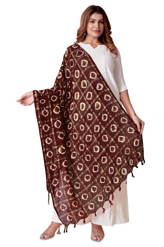 Image of Women Bandhani Dupatta | Traditional Chunri Print with Decorative Border | Lightweight Ethnic Stole for Festive and Wedding Wear