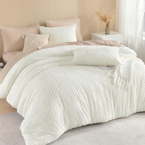 Image of Litanika Ivory King Size Comforter Set, 3 Pieces Tufted Boho Farmhouse Bedding Comforter Sets, Lightweight Fluffy Comforter Bed Set for All Season (104x90In Comforter and 2 Pillowcases)