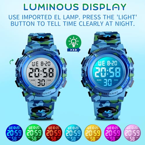 Image of Dayllon Kids Digital Watch Boys Outdoor Sports 50M Waterproof Girls Watches Alarm Clock 12 /24 H Stopwatch Calendar for Ages 3-15 Boy Girl Wristwatch Kids Gift