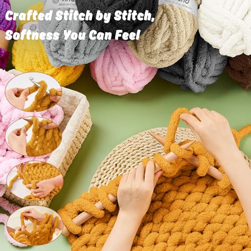 Image of Inhand Mustard YellowChunky Chenille Yarn for Hand Knitting,Thick Bulky Fall Decor Blanket Yarn for Crocheting,Soft Fluffy Yarn for Autumn Crochet Gifts for Women /Beginners,4 Pack(29.5Yds /8.4oz Each)
