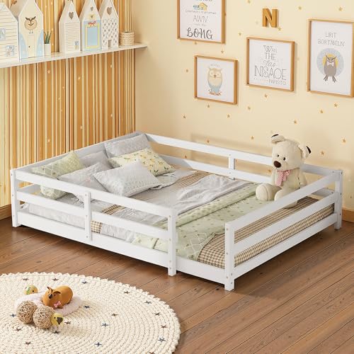 Lyngins Full Size Floor Bed for Kids Montessori Bed Frame with Fence Floor Bedframe Full Beds for...
