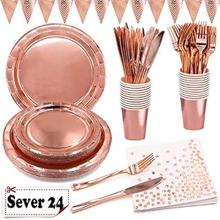 Rose Gold Party Supplies Foil Paper Plates Cups Napkins Reusable Forks Knives for Wedding Birthday Anniversary Rose Gold Party Tableware for 24 Guests