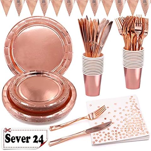 Rose Gold Party Supplies Foil Paper Plates Cups Napkins Reusable Forks Knives for Wedding Birthday Anniversary Rose Gold Party Tableware for 24 Guests Cover