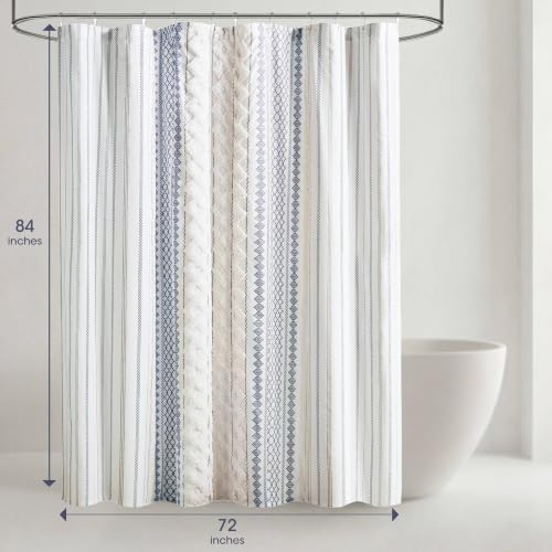 Image of INK+IVY Imani Tufted Chenille 100% Cotton Shower Curtain Boho Bath Curtains for Bathroom, Colorful Stripes Modern Farmhouse Shower Curtain,Bathtub Privacy Screen,Machine Washable 72 inch x 84 inch, White /Navy