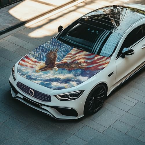 Image of American Flag Eagle Wave Design Car Hood Cover Protector Waterproof Sunproof Car Hood Flag 4th of July Patriotic Decorations for Most Sedans SUV Trucks Pickup Jeep