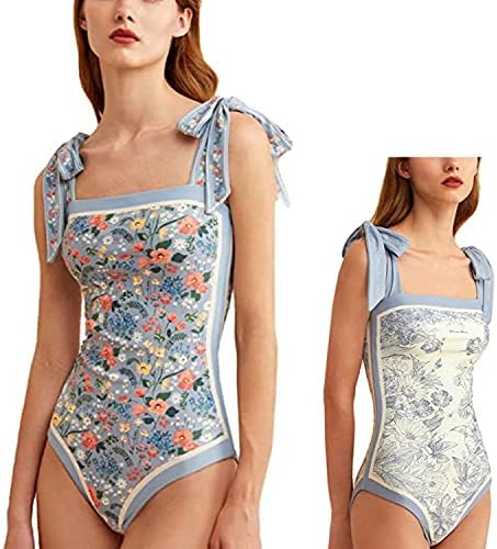 Women Floral One Piece Swimsuits, Reversible Tie Shoulder Monokini, Tummy Control Bathing Suits, Square Neck Swimwear (as1, Alpha, s, Regular, Regular, Blue)