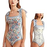 Women Floral One Piece Swimsuits, Reversible Tie Shoulder Monokini, Tummy Control Bathing Suits, Square Neck Swimwear (as1, Alpha, s, Regular, Regular, Blue)
