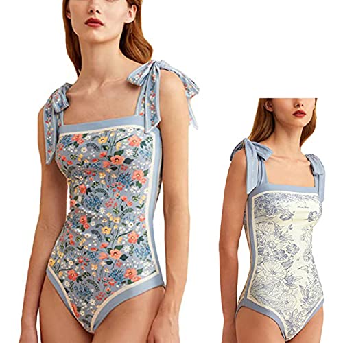 Women Floral One Piece Swimsuits, Reversible Tie Shoulder Monokini, Tummy Control Bathing Suits, Square Neck Swimwear (As1, Alpha, S, Regular, Regular, Blue) #TOP6