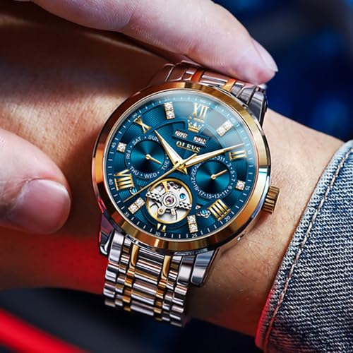 Image of OLEVS Automatic Watches for Men Self Winding Mechanical Skeleton Luxury Dress Stainless Steel Diamond Men Wrist Watches