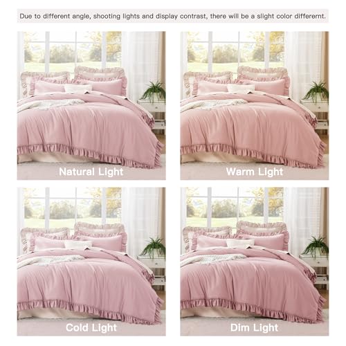 Image of Litanika Grayish Pink Queen Comforter Set, 3 Pieces Ruffle Farmhouse Aesthetic Bedding Comforter Set, All Season Soft Lightweight Fluffy Microfiber Bed Set(90x90In Comforter, 2 Pillowcases)