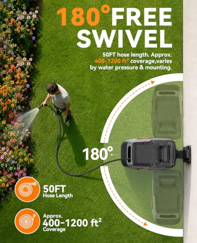 Image of SUNPOW Retractable Garden Hose Reel - 1 /2 inch x 50ft Heavy Duty Wall Mounted Hose Reel with 3 /4 inch Brass Fitting & 10 Sprayer Nozzle - Any Length Lock, Auto Rewind System, 180Swivel Bracket- Grey