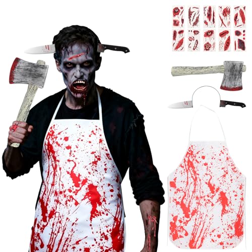 Traje de açougueiro Halloween, assustador homem disfarce terror com avental sangrento, faca com bandana, faca sangrenta, 10 tatuagens, para homem mulher adultos decoração Halloween