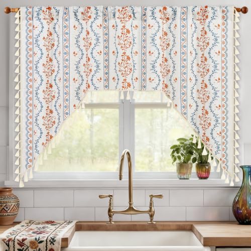 Image of Yinhua Boho Swag Valance Curtains Vintage Linen Valances for Windows Light Filtering Floral Kitchen Valance Rod Pocket Rustic Tassel Window Valances for Bathroom, 60 inch W x 36 inch L, Blue Orange Floral