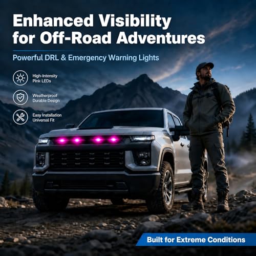 Image of Car Front Grill Set of 4 Pcs Universal Smoked Shell Style DRL Emergency Warning Off-Roading Lights (4 X 4) for All Cars, Vans, SUV, Trucks (Pink)