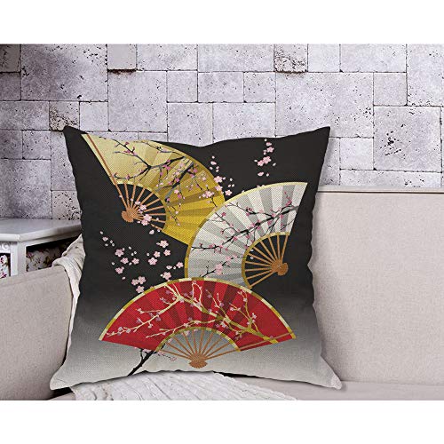 Aoyego Japanese Fan Throw Pillow Cover Cherry Blossom Branch Asia Artistic Floral Plant Elegant Culture Pillow Case 18X18 Inch Decorative Men Women Boy Girl Room Cushion Cover For Home Couch Bed #TOP3