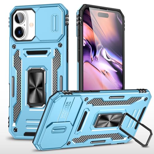 Image of Polycarbonate Slide Camera Cover with Ring Holder Mobile Phone Back Cover for iPhone 16 Plus (Blue)