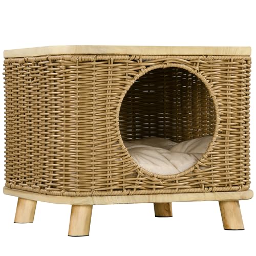 PawHut Casa de mimbre para gatos, cesta de cama de ratán con cojín suave lavable, agujero de puerta, para gatos y gatitos de interior, marrón claro