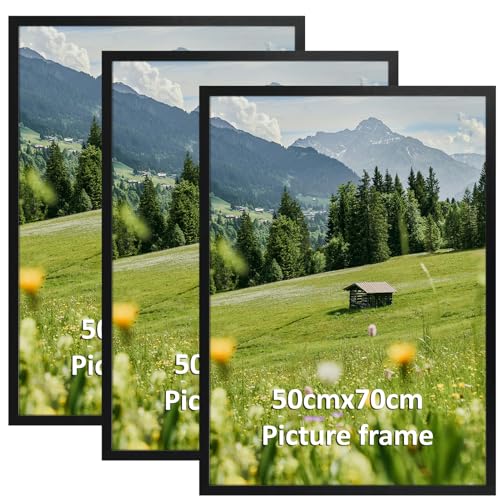 Hoikwo 50x70cm Frame Pack of 3 Black Aluminum Picture Frames 50cm x 70cm Horizontal or Vertical Wall-Mount Design for Photos Puzzles and Artwork