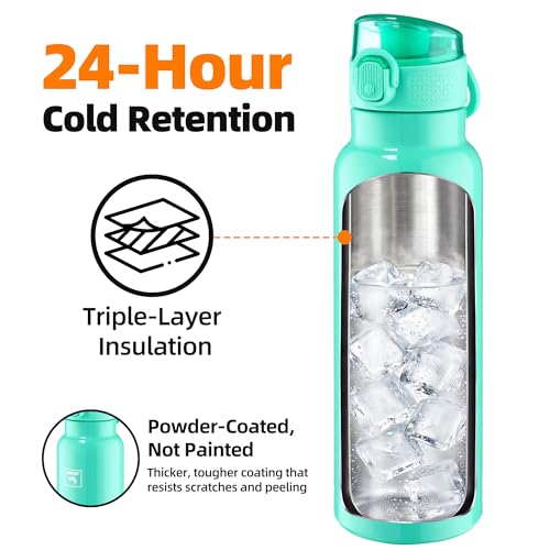 Image of Fanhaw 24 oz Insulated Water Bottle with Soft Silicone Spout Lid, Leakproof Stainless Steel Vacuum Bottle for School, Sports& Daily Use, Kids, Teens& Adults, Back to School Essentials (Bianchi Green)