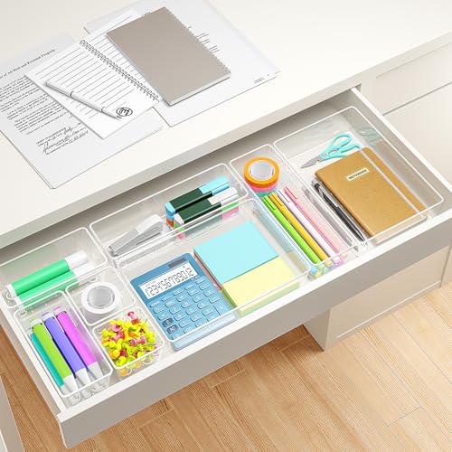 Quirlig 16 Piezas Organizadores de Cajones de Plástico Transparente, Separadores de Cajones de Escritorio de 4 Tamaños, Bandejas de Almacenaje para Maquillaje, Baño, Oficina - imagen 4