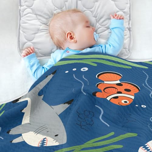Custom Marine Animal Shark Grass Fish Dark Blue Crib Blanket Soft para personalizados Picture Monogrammed Blankets for Girls or Boys 30x40in mantitas para Bebes recien nacidos4