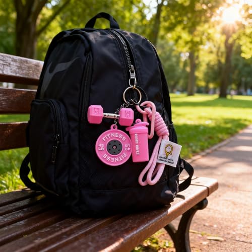 Colorful Fitness Keychain Set - Silicone Dumbbell/Sport Bottle Charm, Metal Clasp, Nylon Lanyard, Gym Bag Accessory, Workout Gift (Pink) - image 7