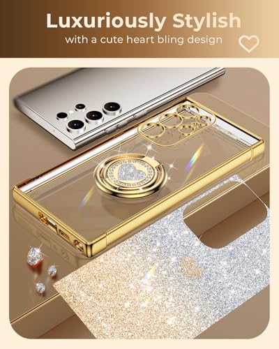 Image of XYZ for Samsung Galaxy S24 Ultra Case with Stand, Galaxy S24 Ultra Case with Double Ring, Women Girls Bling Luxury Glitter Clear Phone Case Cover Heart for Samsung Galaxy S24 Ultra, Gold