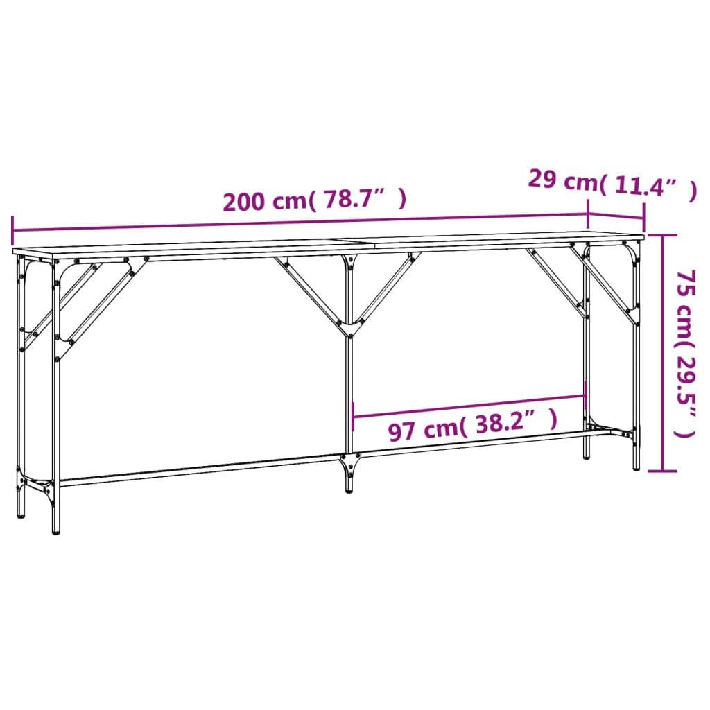 Stolik konsolowy dąb Sonoma 200 x 29 x 75 cm, materiał drewnopochodny z metalową ramą i regulowanymi nogami, do przedpokoju lub salonu, trwały i stabilny z wytrzymałym blatem stołu.