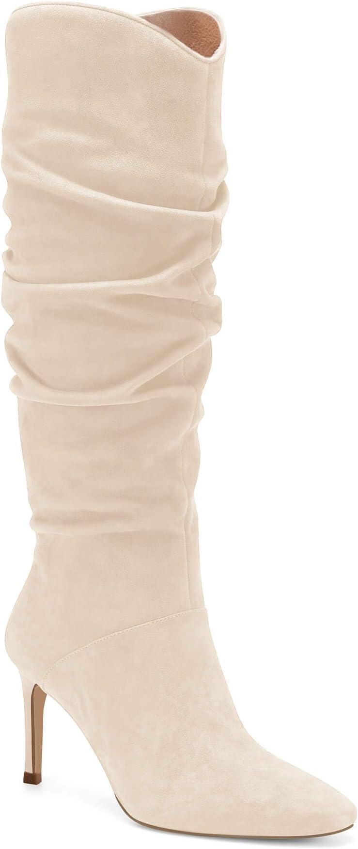 Womens Knee High Boots Faux Suede Almond Toe Stiletto High Heel Slouchy Side Zipper Booties