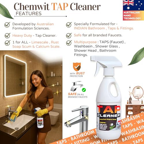 Image of Chemwit - Tap Cleaner for Bathroom Hard Water (500mL) - Australian Tap Cleaning Liquid Spray - Rust & Limescale Remover for Faucets, Shower Glass, Bathroom Fittings with Scale Corrosion Protection.